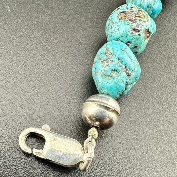 Big Chunky Turquoise Nugget Stone Bead Sterling Silver Bracelet Size 7 - 7 1/4 - Picture 4 of 5